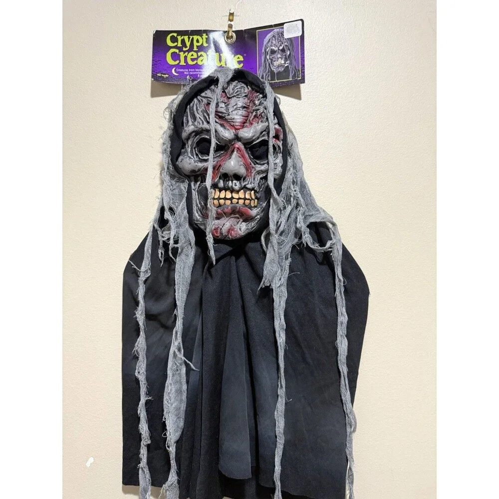 Scary Skeleton Zombie Mask Hood Long Gray Hair Halloween Adult Horror Costume